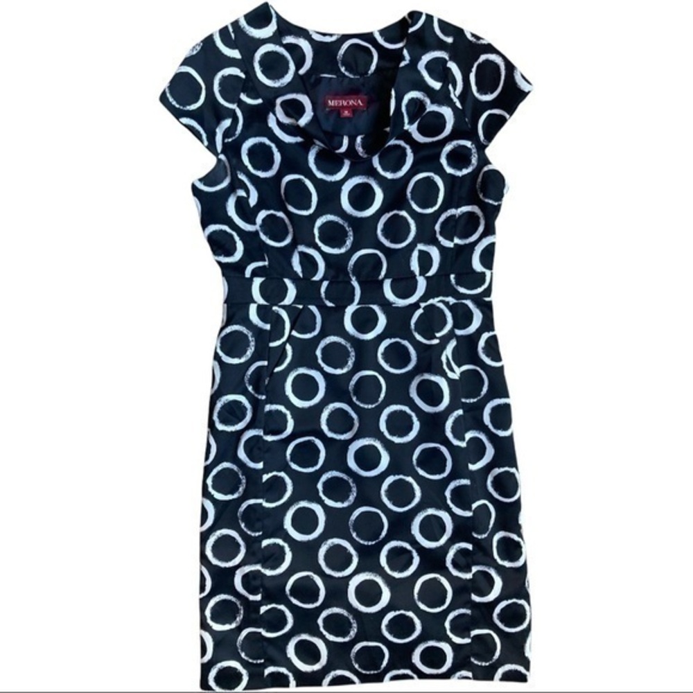 Merona size 10 dress, silky, black with white circles, fully lined, pockets